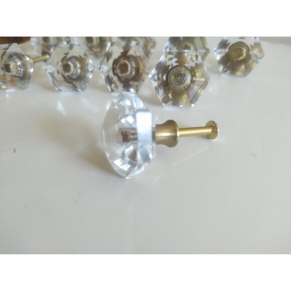 Vintage Cut Glass Drawer Pulls 1 1/4" Hexagonal Brass Inserts (lot of 11) - Picture 2 of 13